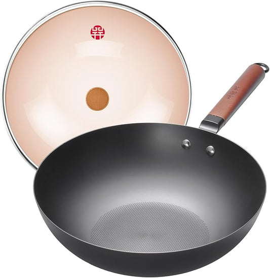 WANGYUANJI 12.6" Pure-Iron Wok with Glass Lid, Flat-Bottom Lightweight Chinese Stir-Fry Pan, Wooden Handle, Uncoated — Induction/Gas/Electric Compatible, Not Pre-Seasoned (Seasoning Required)