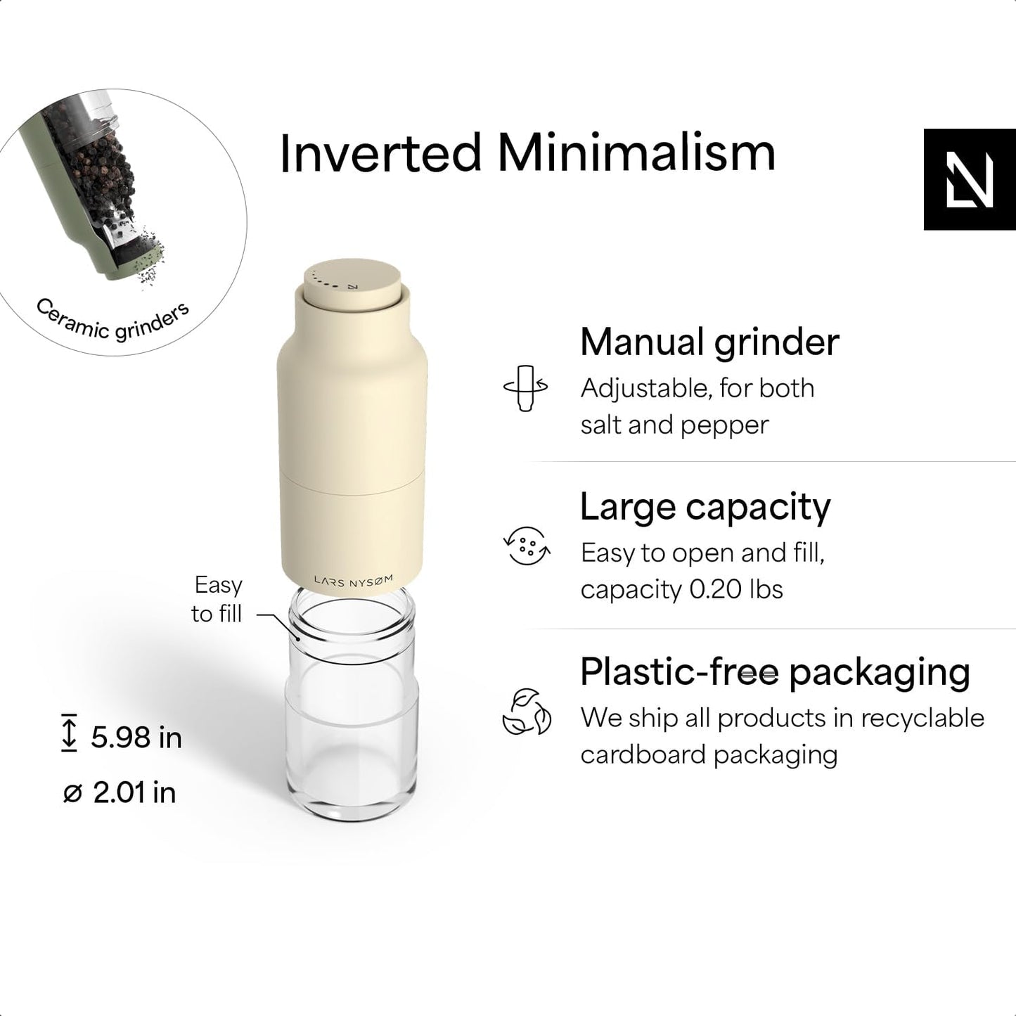 LARS NYSØM Salt and Pepper Grinder Set, Stainless Steel Manual Salt and Pepper Mills, Adjustable Ceramic Grinder, Design Spice Shakers (Green/Beige)