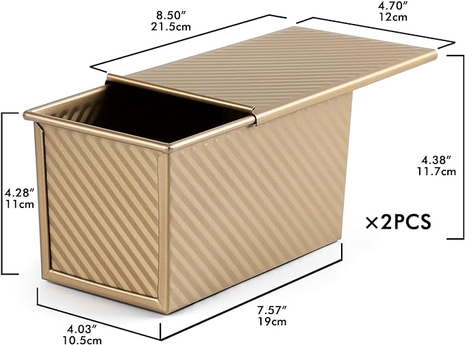 Beasea Pullman Loaf Pan 2 Pack, 1 lb Non-Stick Bread Pan with Lid Carbon Steel Gold Toast Box Mold With Cover For Bakeware Bread, Baking Tools for Oven Baking