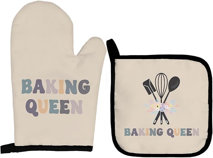 Baking Queen Oven Mitts and Pot Holders Sets, Baker Mittens, Gifts for Women, Beige Floral Kitchen Decor, Lover Gloves