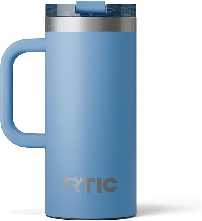 RTIC 16oz Road Trip Travel Mug with Lid and Handle, Insulated, Stainless Steel, Metal, Double Wall Vacuum-Insulation, Ceramic Lined, Portable Coffee, Tea Cup for Hot and Cold Drink, Denim