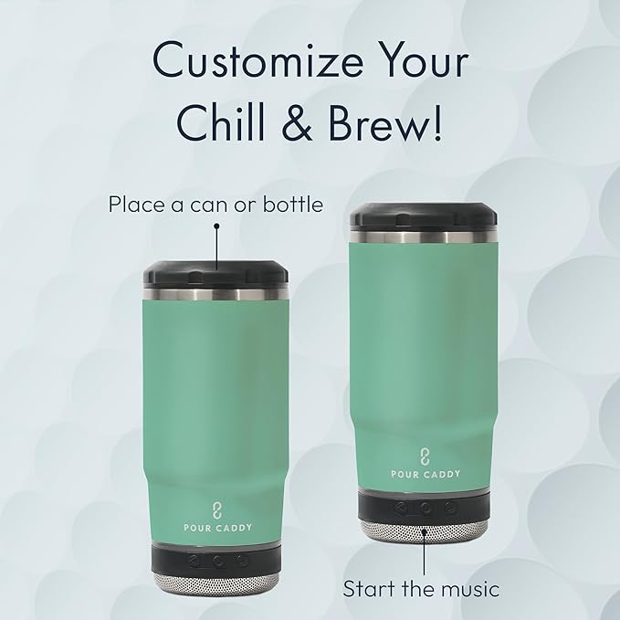 Chill & Brew, Insulated Can & Bottle Holder, Bluetooth Cup with Speaker, Fits 12 oz Cans, Skinny Cans, Most Bottles & Cold Drinks, Seafoam