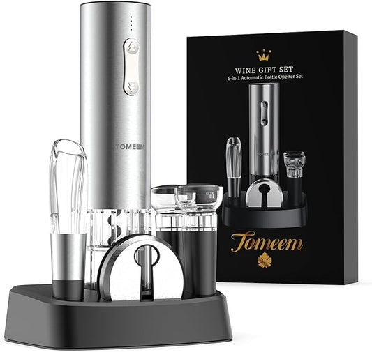 TOMEEM Electric Wine Opener Set - Rechargeable Wine Bottle Opener with Vacuum Stoppers,Wine Pourer, Foil Cutter,and Storage Stand - Ideal Wine Accessories & Wine Gift Set for Wine Lovers