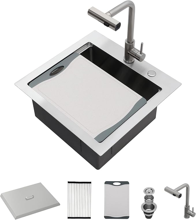 Lordear Drop In Outdoor Kitchen Sink Workstation with Pull-out Faucet 21" x 20" Bar Prep Sink 16 Gauge Stainless Steel Single Bowl Small Kitchen Camper Wet Bar Mobile Home RV Basin with Cover