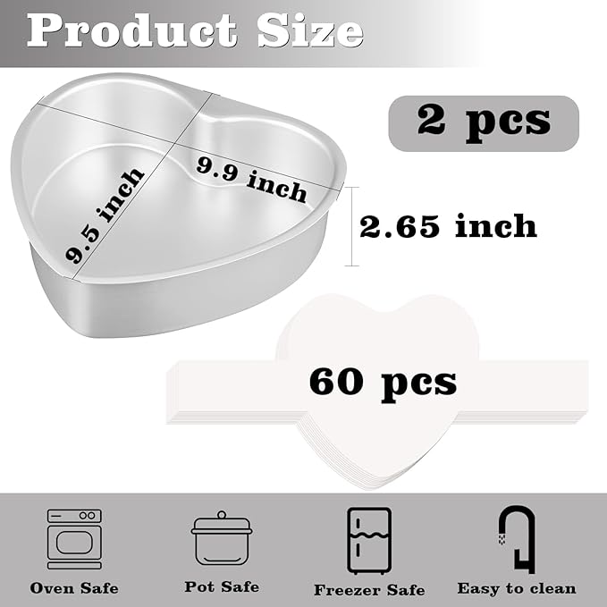 HUAKENER 10 Inch Heart Cake Pan, Set of 2 Heart Shaped Cake Pans with 60 Pieces Parchment Paper, Non-stick Cake Baking Pans for Kitchen Birthday Wedding