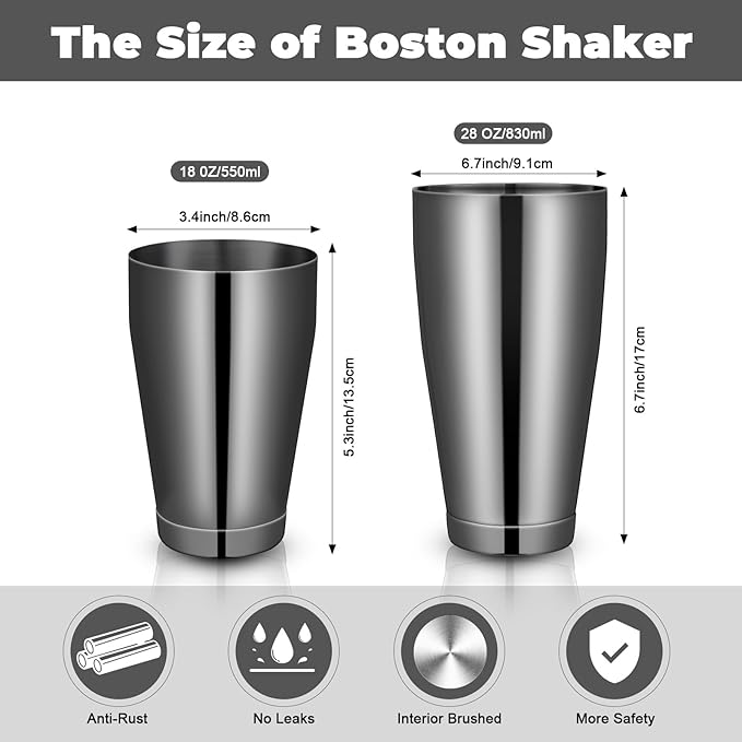 Lallisa 10 Pieces Cocktail Shakers Professional Bar Boston Shaker Set Stainless Steel Martini Shaker Drink Mixer Basic Tools Weighted Shake Metal Can for Bartenders, 18 Oz, 28 oz(Black)
