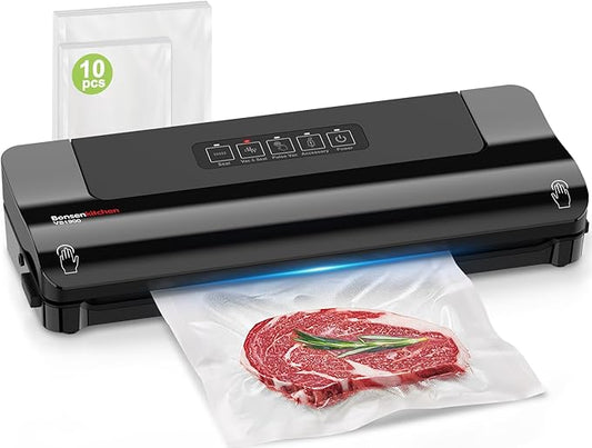 Bonsenkitchen Vacuum Sealer Machine Multi-Functional Food Sealer with 10 Vacuum Bags, Fast-Compact Design, External Vacuum System & Accessory Tube for Freshness Preservation,Black