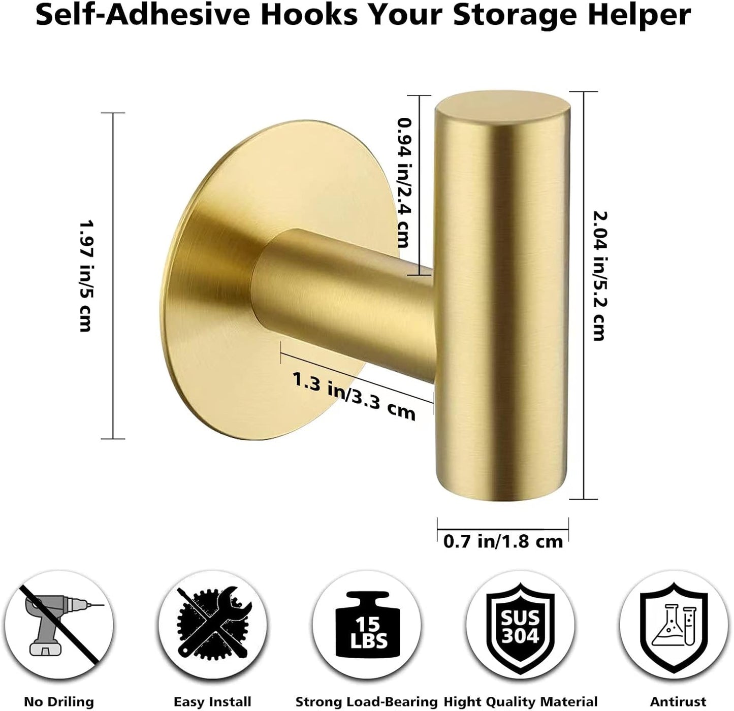 Adhesive Towel Hooks, Heavy Duty Wall Hooks Stainless Steel Waterproof Shower Towel Hooks - 4 Pack, Gold