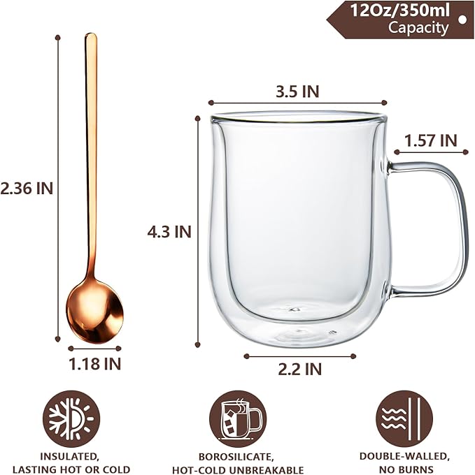Double Walled Glass Coffee Mugs 12 oz, Glass Coffee Cups Set of 4 with Spoons, Clear Coffee Mug with Handles for Hot Beverages, Cappuccino, Latte, and Tea Bags.