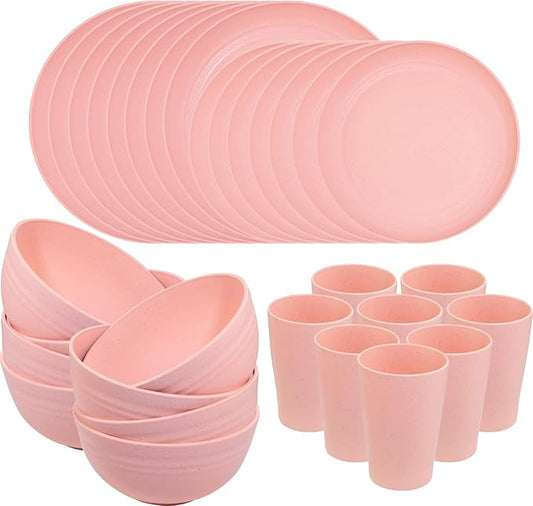 Supernal Pink Wheat Straw Dinnerware Sets,Unbreakable Dishes for 8, Plate and Bowls Sets, Reusable Plates, Microwave Dishwasher Safe Plates,Plastic Dinnerware Set, Pink Plastic Tableware