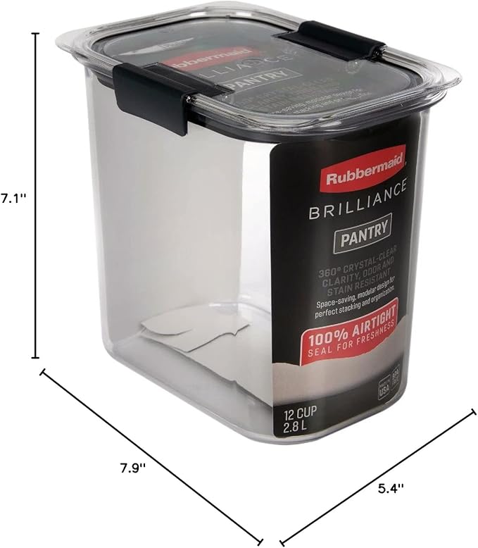 Rubbermaid Brilliance 12-Cup Airtight Food Storage Container, Perfect for Pantry Staples, Clear/Grey