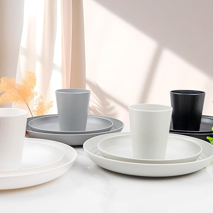 Supernal 32pcs Wheat Straw Dinnerware Sets,Plates and Bowls Sets,Reusable Plastic Plate,Microwave Dishwasher Safe,Plastic Dinnerware Set,Four Color Set 16pcs Plates,8pcs Bowls,8pcs Cups