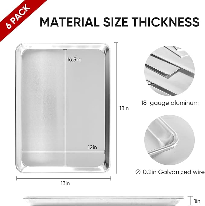 TENUP 6 Pack Aluminum Half Sheet Pan, 18" x 13" Heavy Duty Commercial Baking Tray Reinforced Rim, Warp-Resistant Rust-Free