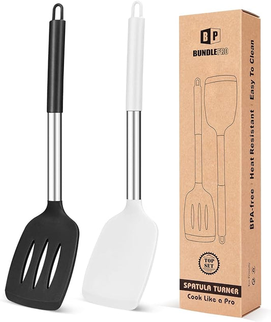 Pack of 2 Silicone Solid Turner, Non Stick Slotted Kitchen Spatulas, High Heat Resistant BPA Free Cooking Utensils, Ideal Cookware for Fish, Eggs, Pancakes(Black-White)