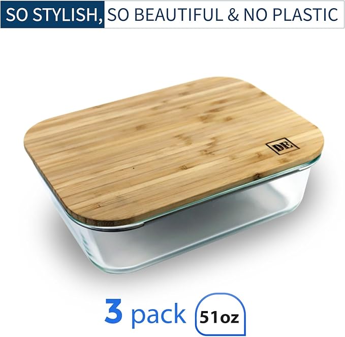 DE Plastic-Free Glass Storage Containers (3-Pack, 51oz) with Bamboo Lids – Eco-Friendly, Airtight, Reusable – Oven, Microwave & Dishwasher Safe – BPA-Free & Sustainable.