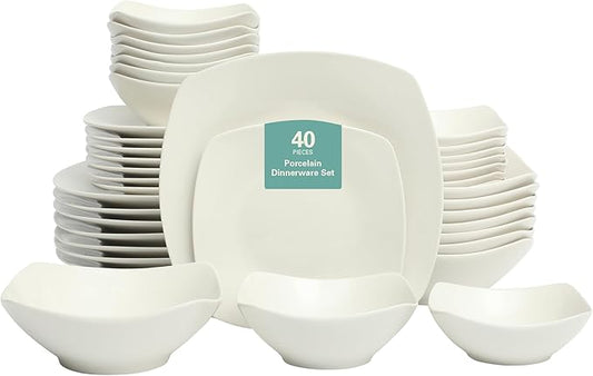 Gibson Home Brentwood 40-Piece Dinnerware Set – Square White Porcelain Plates and Bowls, Service for 8, Dishwasher & Microwave Safe, Modern Everyday Dinner Set with Cereal, Dessert, and Entrée Bowls
