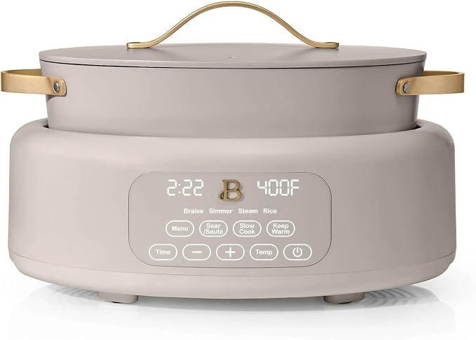 Beautiful 10-in-1, 6-Qt Electric Multi-Cooker | Programmable Touch Display | 7 Presets up to 400 °F | Sear Slow-Cook Steam Rice Warm | Oven-Safe Pot & Lid (Porcini Taupe)