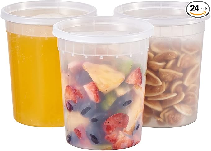 32oz Plastic Deli Containers, 24 Sets - Leakproof, Stackable, BPA Free, Microwavable, Freezer Safe