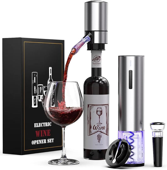 Rechargeable Electric Wine Gift Set - Aerator, Vacuum Stoppers, Foil Cutter and Bottle Opener for Home Bar and Outdoor Parties (Silver)