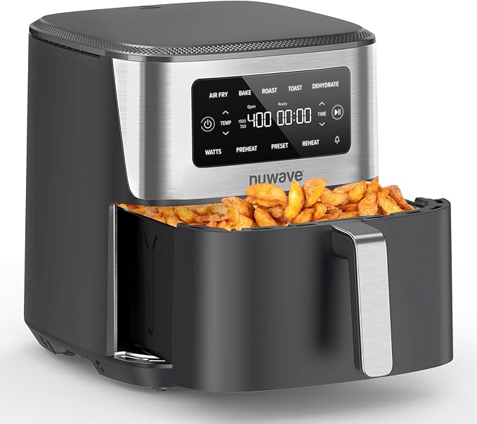 Nuwave Brio Plus 6-in-1 Air Fryer, 7-Qt Large Capacity, 50°F–400°F Precise Temp Control, Non-Toxic PFAS-Free Nonstick, Air Fry, Bake, Roast, Toast, Dehydrate, Reheat, 100 Presets, Dishwasher Safe