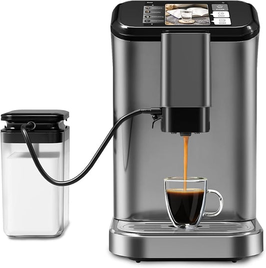 Fully Automatic Espresso Machine with Smart TFT Touchscreen, Brewing System and Automatic Milk Frothing System, 6 One-Touch Programs, 1.5L Detachable Water Tank for Home/Office Use, Grey