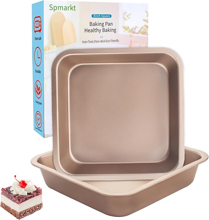 2-Pack 8 inch Square Baking Pan, Nonstick Square Brownie Pans, 8x8 Baking Pan, Square Cake Pan for Birthday Parties, Stackable 8×8 Cake Pan, Easy to Clean