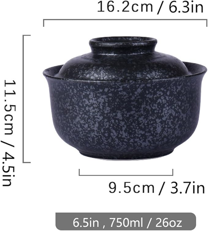 Ceramic Ramen Bowl Set, 800ml, with Lid, Spoon and Chopsticks, Japanese Vintage Large Soup Bowls Instant Noodle Bowl Asian Tableware (Black*1)