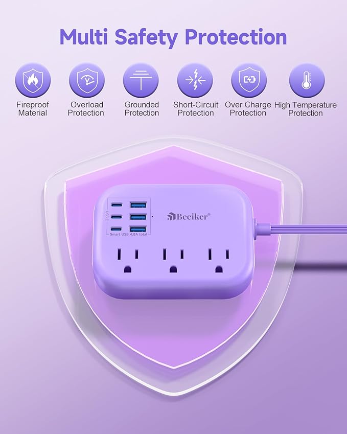 6 USB(3 USB C) Purple Travel Power Strip- 5Ft Purple Extension Cord with USB Charging Station 24W and 3 Outlets, Pink Desk Accessories for Cruise Travel Cute Kawaii Lavender Home Office Dorm Room