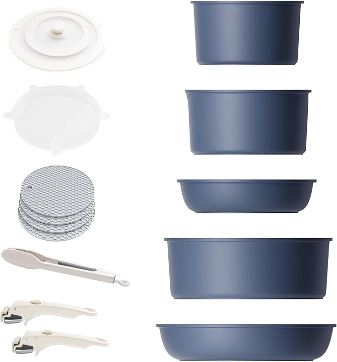 Caannasweis Detachable Nonstick Cookware Set - Stackable Induction Pots and Pans With Removable Handles, Dishwasher Safe - For RV Camping, Oven and Stovetop Use, 5 Pieces (Blue)