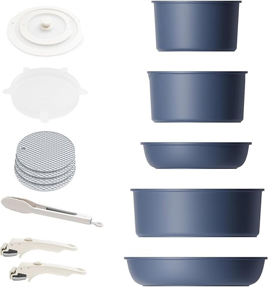 Caannasweis Detachable Nonstick Cookware Set - Stackable Induction Pots and Pans With Removable Handles, Dishwasher Safe - For RV Camping, Oven and Stovetop Use, 5 Pieces (Blue)