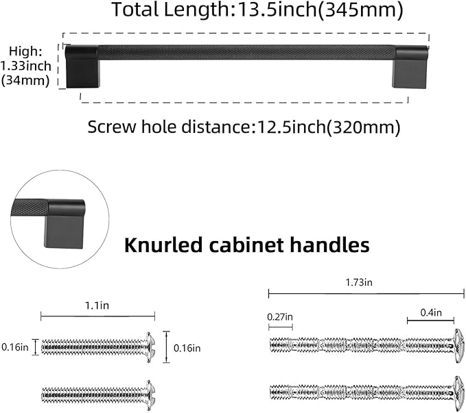 10 Pack 12-5/8 inch(320mm) Matte Black Kitchen Cabinet Handles Knurled Cabinet Pulls Black Drawer Pulls Kitchen Hardware