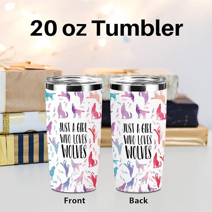 Cute Wolf Stuff Tumbler, Wolf Decor 20 oz Stainless Steel Coffee Mug，Travel Cup，Insulated Cup with Lid for Car, Perfect Gifts for Girl Sister Friend Animal Lover Christmas Birthday