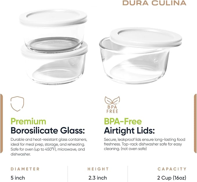 6-Piece Glass Food Storage Containers Set (3 Containers + 3 BPA-Free Lids) | 2-Cup, Leakproof | Microwave, Freezer, Oven & Dishwasher Safe | Ideal for Meal Prep & Pantry Organization