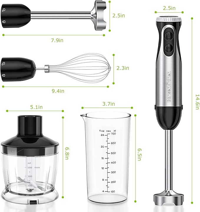 Bonsenkitchen 4-in-1 Immersion Blender Handheld, 20 Speeds Hand Blender with Turbo Mode, Stainless Steel Blade, Egg Whisk, Beaker & Chopper Bowl, Stick Mixer for Soup, Smoothie, Puree, Baby Food