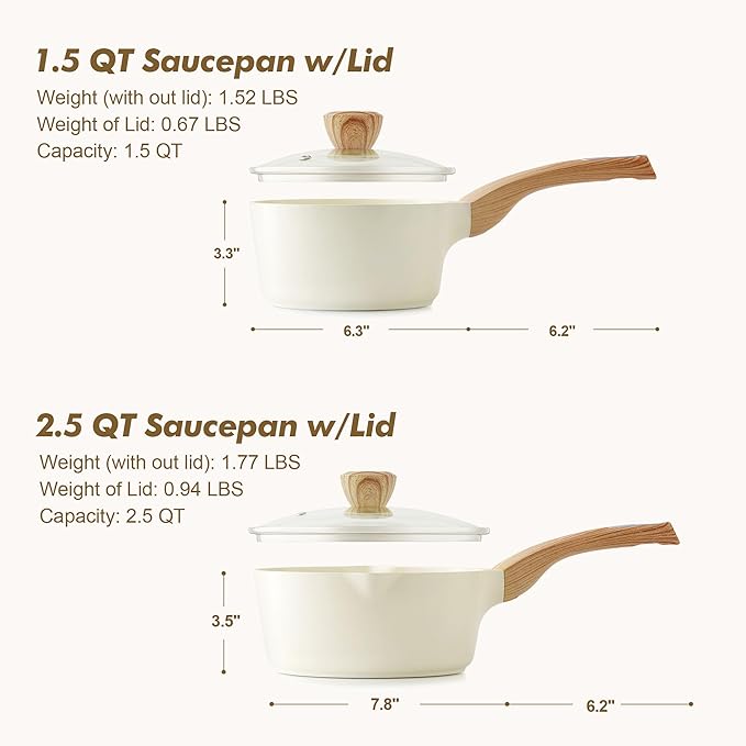 SENSARTE 1.5 & 2.5 Quart Ceramic Sauce Pan Sets with Lid, Cooking Pots Set, Nonstick Saucepan Set with Pour Spout, Small Kitchen Pot, Non toxic Saucepot, Induction Comptable, PFOA PTFE PFAS Free