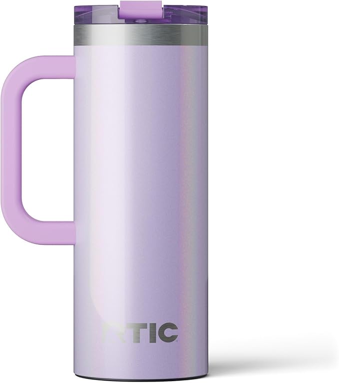RTIC 20oz Road Trip Travel Mug with Lid and Handle, Ceramic Lined, Insulated, Stainless Steel, Metal, Double Wall Vacuum-Insulation, Portable Coffee, Tea Cup for Hot and Cold Drink, Lavender Glitter