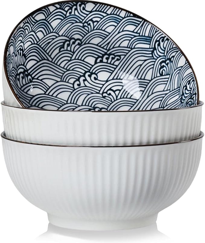 Houlu 60 oz Pho Bowls, Large Soup Bowl, Japanese Ramen Bowl Set, 8 inches Big Porcelain Bowls Set of 3, Wave Pattern