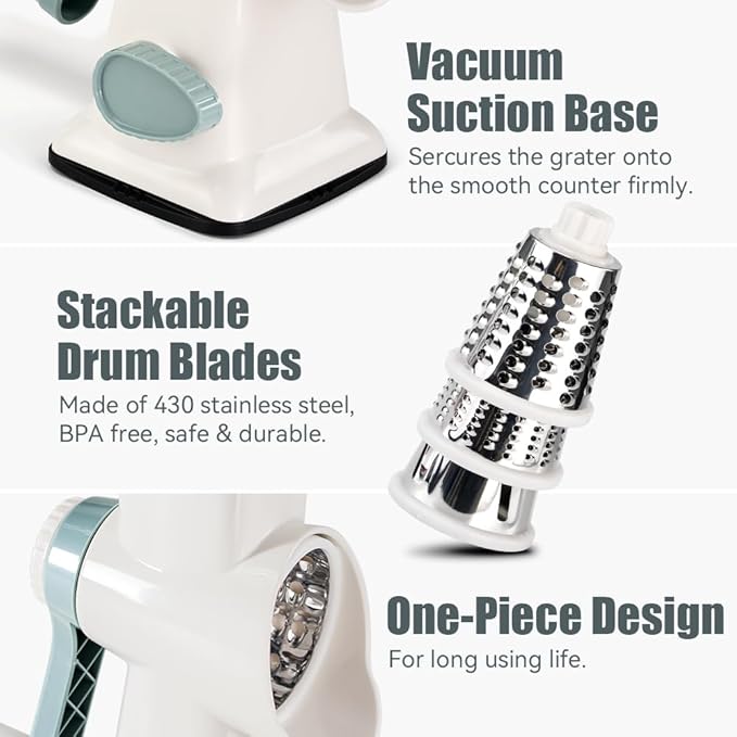 KEOUKE Rotary Cheese Grater Hand Crank White - Shredder Slicer Grinder 3 Stainless Steel Blades, Stable Suction, Labor-Saving Handle, Safe Kitchen Tool for Cheese, Vegetable, Nuts, Chocolate