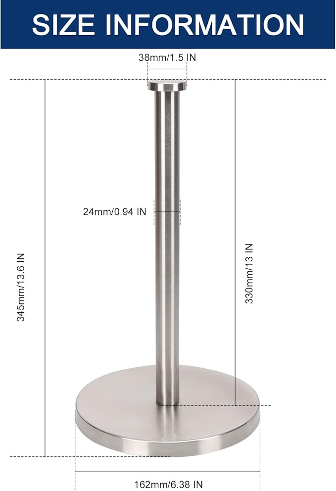 NearMoon Standing Paper Towel Holder, Kitchen Paper Towel Tissue Holder- for Bathroom Countertop, Standard or Jumbo-Sized Roll Paper (with Stainless Steel Base, Brushed Nickel)