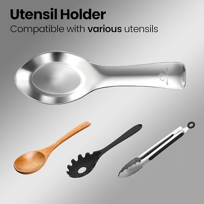 Break-Proof Kitchen Spoon Rest for Stove Top – Premium Stainless Steel Spoon Holder for Kitchen Counter – Mirror-Polished, Heavy-Duty with a Luxury Look – Dishwasher Safe & 5-Year Warranty