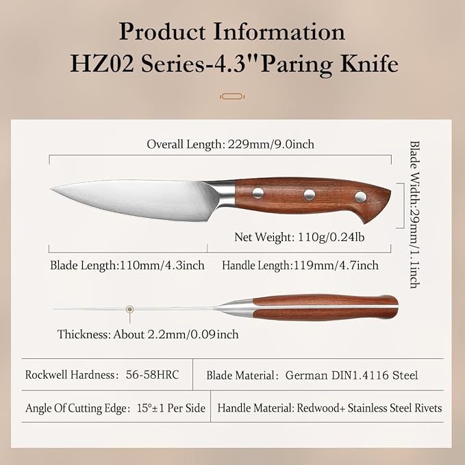 HEZHEN 4.3 inch Blade Paring Kitchen Knife,High-Carbon 1.4116 German Steel Cutlery, Ergonomic Red Wood Handle Petty Knives for Home Chefs, Ultimate Paring Knife for Utility Tasks
