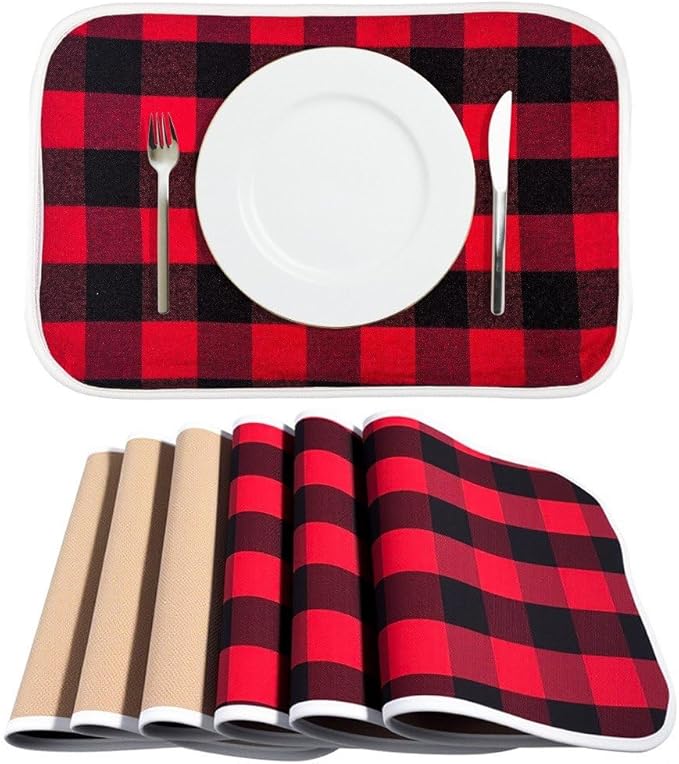 Christmas Placemats 6 Pcs Buffalo Check Placemats Red Black Plaid Reversible Place Mat for Holiday Home Table Christmas Decoration