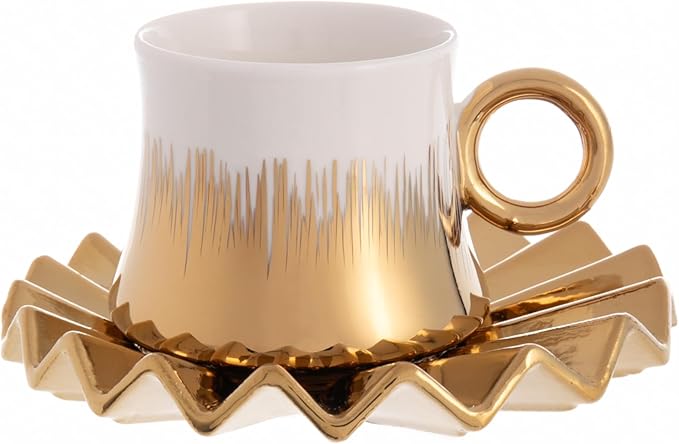 Turkish Coffee Cup Set of 6 with Saucers & Tray - Luxury Arabic Greek Japanese Marble Ceramic Tea Cups for Espresso Cappuccino Latte Mocha, Ideal Gift - 3.5oz,- White