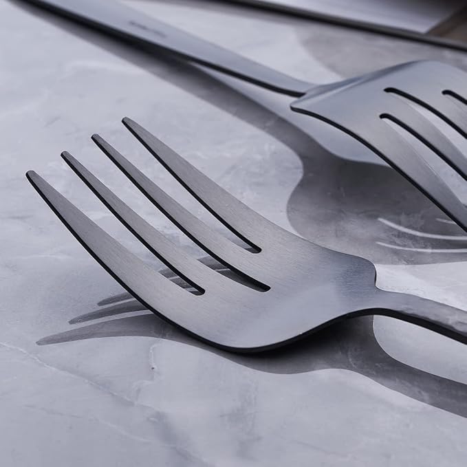 Matte Black Serving Fork, 9.5-inch Stainless Steel Large Serving Fork, Heavy Duty, Satin Finish, Set of 3