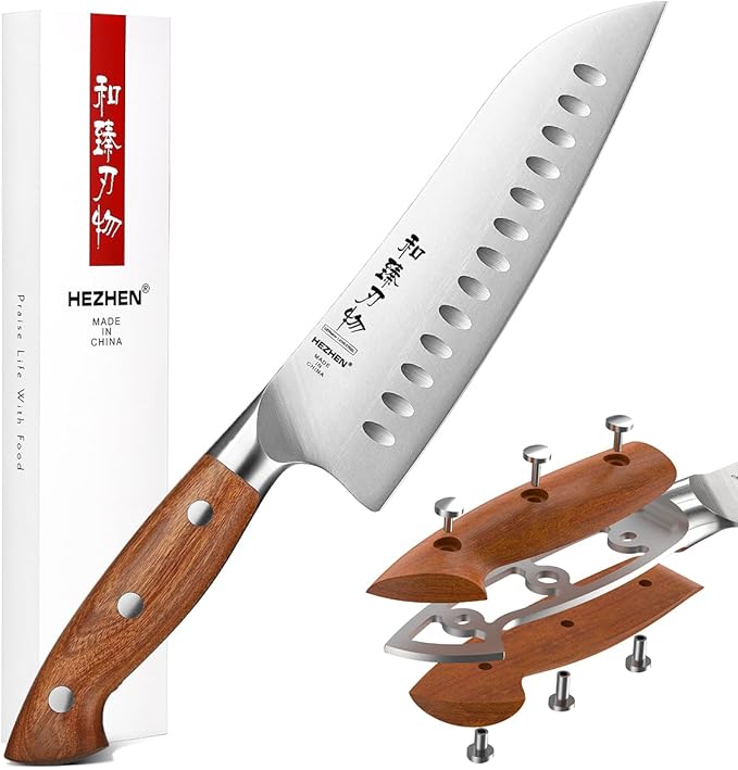 HEZHEN Santoku Chef Knife-7.3 inch Blade German DIN 1.4116 Stainless Steel-Full Tang-Red Wood Handle