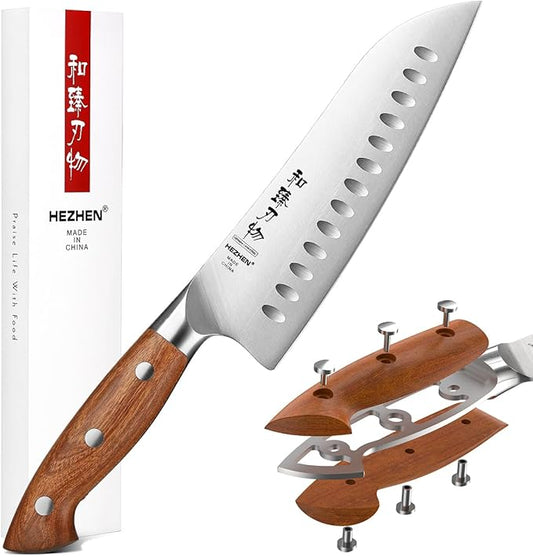 HEZHEN Santoku Chef Knife-7.3 inch Blade German DIN 1.4116 Stainless Steel-Full Tang-Red Wood Handle
