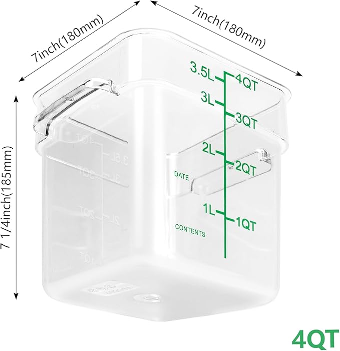 4 Pack Food Storage Containers with Green Lids, 4.0 Qt - Square, Clear, Polycarbonate