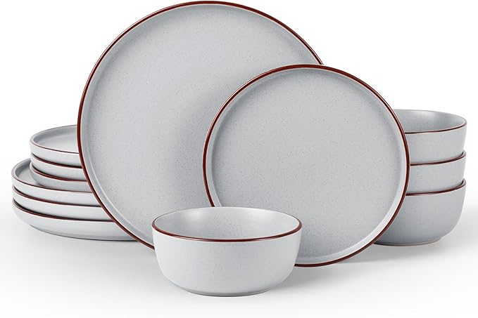 Famiware Mercury Plates and Bowls Sets, 12 Pieces Stoneware Dinnerware Sets, Dishes Set for 4, Microwave and Dishwasher Safe, Light Grey