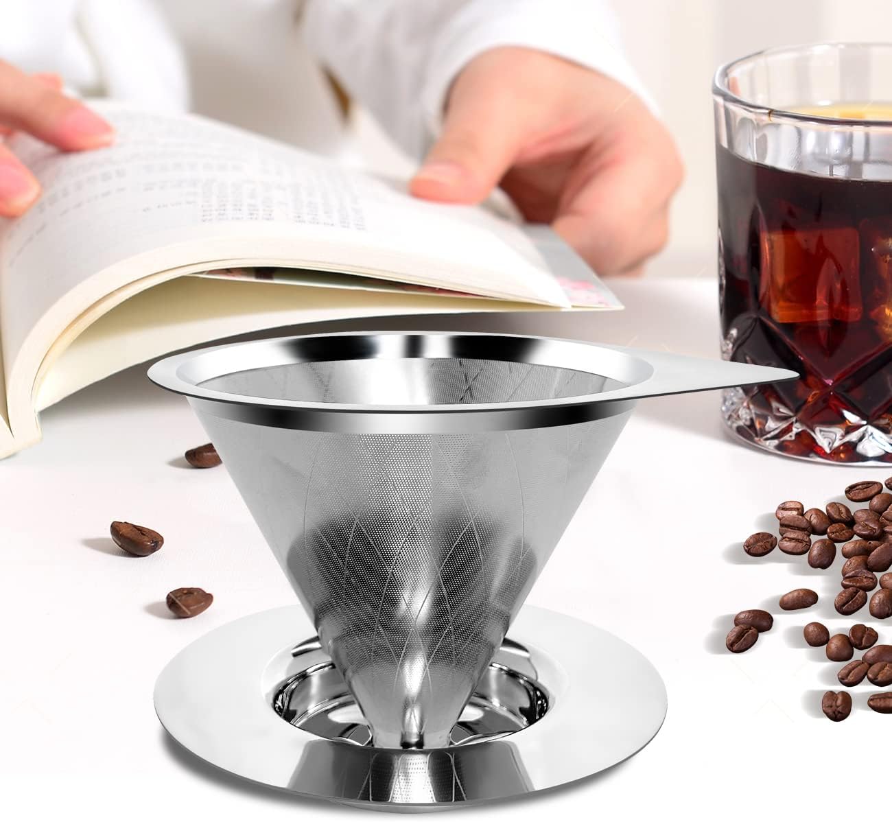 LHS Pour Over Coffee Dripper Reusable Coffee Filter Paperless Coffee Filter Stainless Steel Pour Over Coffee Maker Cone Coffee Dripper for 1-2 Cup,Argyle Pattern