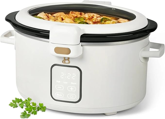 Beautiful 4-Qt Programmable Slow Cooker with Hinged Locking Lid & Touch Display – 3 Heat / 4 Timer Settings (White Icing)
